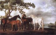 George Stubbs Mares and Foals in a River Landscape painting